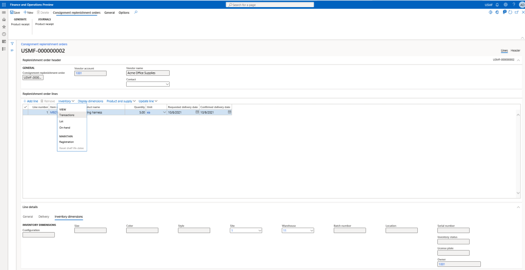 Consignment Inventory: Create Consignment Replenishment Order